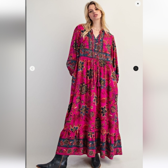 New Easel Pink Floral Print Long Sleeve Maxi Dress - Picture 3 of 6